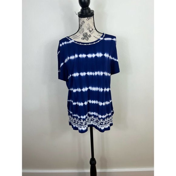 Alfred Dunner White and Blue Boho Tie die embordered blouse - Picture 1 of 8